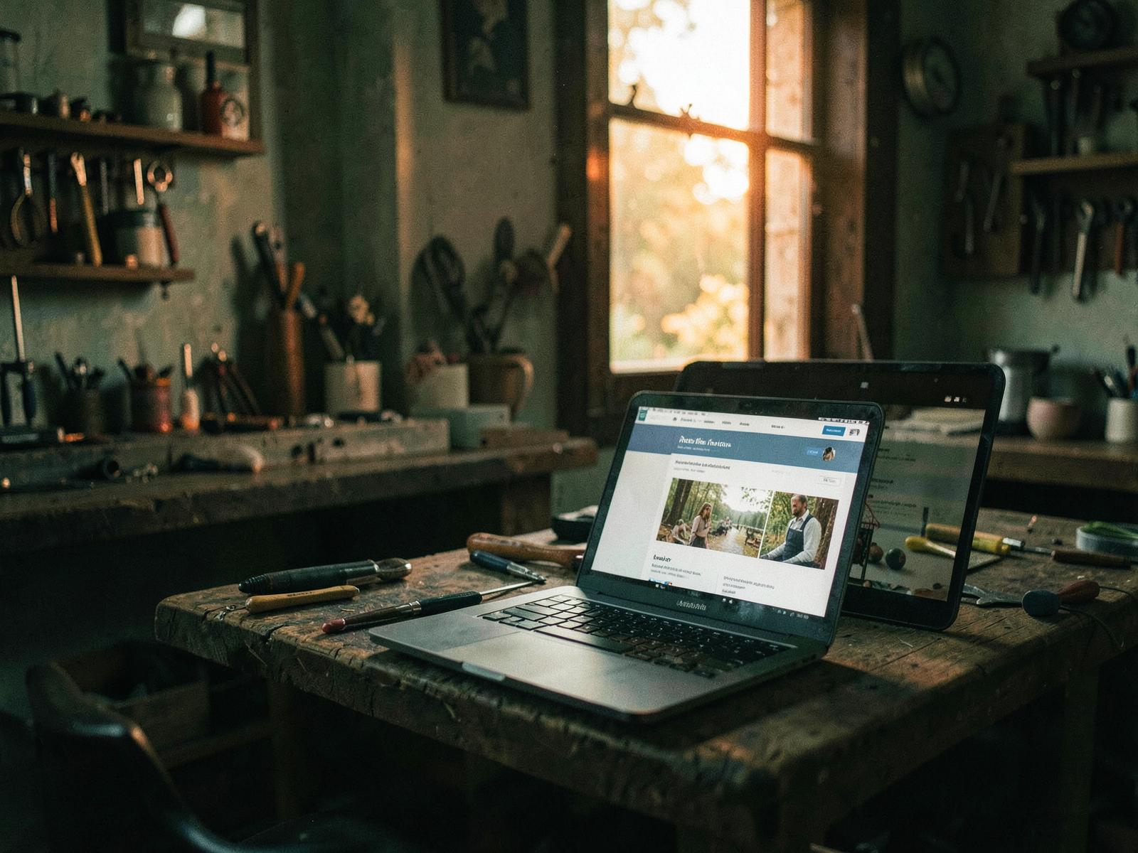 Ordinateur portable affichant un site web sur l'établi d'un artisan